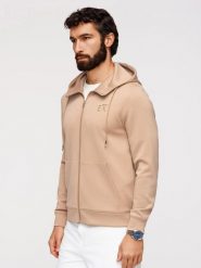 Rozpinana bluza męska z kapturem z gładkiej dzianiny - beżowa V3 - Rozmiar: XXL. Brązowe bluzy męskie Ombre Clothing, m, bez wzorów, z dzianiny, z kapturem. Za 229.99 zł.