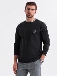 Bawełniany longsleeve męski z dekoltem U w paski i haftem czarny V4 OM-LSCL-0128 S. Czarne bluzki z długim rękawem męskie Ombre, m, bez wzorów, z bawełny, bez kołnierzyka. Za 196.65 zł.