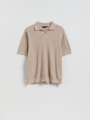 Strukturalny sweter polo - beżowy. Brązowe swetry przez głowę męskie Reserved, l, bez wzorów, z bawełny, bez kołnierzyka. Za 129.99 zł.