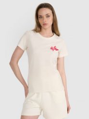 4F T-shirt regular z nadrukiem damski - biały S. Białe koszulki sportowe damskie 4f, s, z aplikacjami, z bawełny, eleganckie, bez kołnierzyka. W wyprzedaży za 39.99 zł.