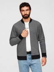 Męska bluza bomberka z dzianiny pique – czarna V1 - Rozmiar: M. Czarne bluzy męskie Ombre Clothing, m, bez wzorów, z bawełny, bez kaptura. W wyprzedaży za 129.99 zł.