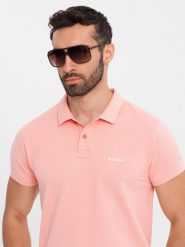 Koszulka polo z bawełnianej dzianiny pique jasnoniebieska V3 OM-POSS-0103 XXL. Niebieskie koszulki polo męskie Ombre, m, bez wzorów, z bawełny, bez ramiączek. Za 257.18 zł.