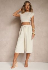 Beżowe Spodnie Kuloty z Bawełną High Waist Azetia. Brązowe spodnie sportowe damskie Renee, l, bez wzorów, z bawełny. Za 39.99 zł.