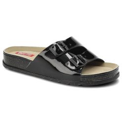 Klapki damskie Big Star, materiał syntetyczny lakierowany z dwoma szerokimi paskami regulowanymi klamrami, czarne, JJ276040. Czarne klapki damskie Big Star, bez wzorów, z lakierowanej skóry, eleganckie, bez obcasa. Za 109.00 zł.