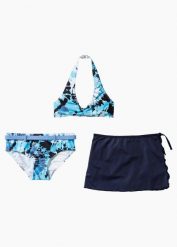 Bikini + spódniczka (3 części). Niebieskie spódniczki dla dziewczynek bonprix, bez wzorów, prążkowane. Za 79.99 zł.