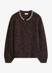 Sweter rozpinany z rękawami bufkami. Szare kardigany damskie bonprix, z aplikacjami. Za 149.99 zł.