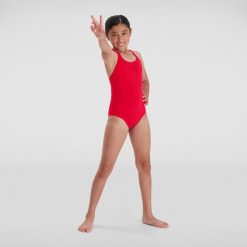 Dziewczęcy jednoczęściowy kostium kąpielowy Speedo Eco+ Medalist. Czerwone stroje kąpielowe dla dziewczynek Speedo, bez wzorów, z materiału. Za 94.99 zł.