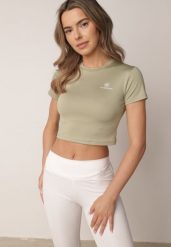 Jasnozielony Krótki T-shirt w Stylu Basic z Minimalistycznym Nadrukiem Orithana. Zielone koszule damskie Born2be, l, bez wzorów, z jeansu, sportowe, bez kołnierzyka, bez ramiączek. Za 29.99 zł.