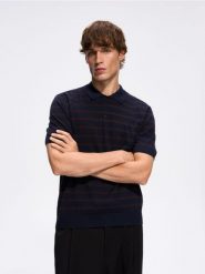 Sweter polo z wełny merino - granatowy. Niebieskie swetry przez głowę męskie Reserved, l, bez wzorów, z wełny, bez kołnierzyka. Za 179.99 zł.