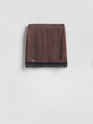Spódnica mini z wiskozy - ciemnobrązowy. Brązowe spódnice damskie Reserved, l, bez wzorów, z wiskozy, mini, dopasowane. Za 119.99 zł.
