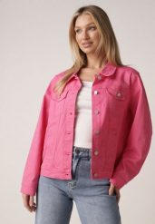 Różowa Bawełniana Kurtka Jeansowa Perimea. Czerwone kurtki damskie Born2be, l, bez wzorów, z bawełny, bez kaptura. Za 149.99 zł.