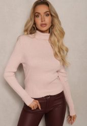 Jasnoróżowy Klasyczny Golf z Prążkowanego Materiału Belikorre. Czerwone swetry damskie Renee, m, bez wzorów, z jeansu, eleganckie, bez kołnierzyka, bez ramiączek, bez kaptura. Za 69.99 zł.