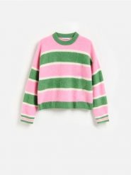 Wełniany sweter w paski - wielobarwny. Swetry damskie Reserved, l, bez wzorów, z wełny, bez kołnierzyka, bez ramiączek, bez kaptura. Za 259.99 zł.
