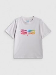 4F T-shirt boxy z nadrukiem damski - biały L. Białe t-shirty damskie 4f, l, bez wzorów, z bawełny, bez kołnierzyka. Za 69.99 zł.