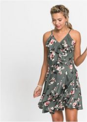 Sukienka na ramiączkach, z falbanami. Zielone sukienki damskie bonprix, na lato, bez wzorów, bez kołnierzyka, bez ramiączek. Za 159.99 zł.