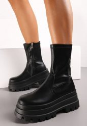 Czarne Botki Workery na Platformie z Dopasowaną Cholewką Esallina. Czarne botki damskie Renee, z jeansu, eleganckie, bez obcasa, na platformie, bez zapięcia. Za 179.99 zł.
