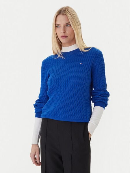 Tommy Hilfiger Sweter Fine WW0WW44993 Niebieski Regular Fit. Niebieskie swetry damskie Tommy Hilfiger, xs, bez wzorów, z bawełny, bez kołnierzyka, bez ramiączek, bez kaptura. Za 399.99 zł.