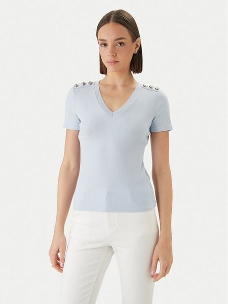 Morgan Bluzka 251-DOMANI Błękitny Slim Fit. Niebieskie bluzki damskie Morgan, l, bez wzorów, z wiskozy, bez kołnierzyka, bez ramiączek. Za 127.99 zł.