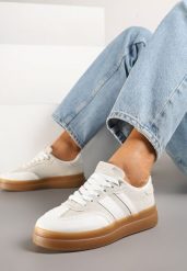 Biało-Beżowe Sneakersy Tenisówki Ozdobione Paskami Falaviela. Białe trampki i tenisówki damskie Renee, bez wzorów, z jeansu, eleganckie, bez zapięcia. Za 79.99 zł.