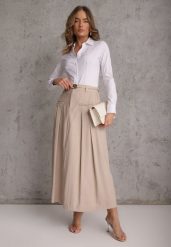 Beżowa Rozkloszowana Spódnica z Wiskozy Zdobiona Plisami i Paskiem Durklea. Brązowe spódnice damskie Renee, l, z aplikacjami, z wiskozy, eleganckie, maxi, oversize. Za 129.99 zł.