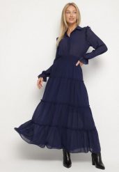 Granatowa Rozkloszowana Sukienka VICES Koszulowa w Stylu Retro Aravite. Niebieskie sukienki damskie Born2be, na co dzień, l, bez wzorów, eleganckie, bez kołnierzyka, bez ramiączek, maxi, koszulowe. Za 149.99 zł.