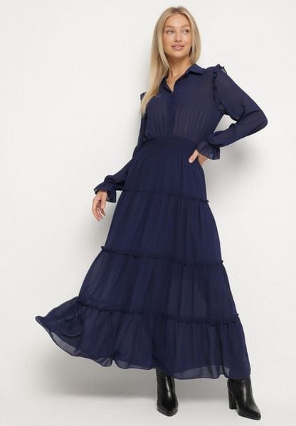 Granatowa Rozkloszowana Sukienka VICES Koszulowa w Stylu Retro Aravite. Niebieskie sukienki damskie Born2be, na co dzień, l, bez wzorów, eleganckie, bez kołnierzyka, bez ramiączek, koszulowe. Za 149.99 zł.