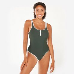 Strój jednoczęściowy pływacki damski Nabaiji 100 Heva Joy Zip. Białe kostiumy jednoczęściowe damskie NABAIJI, bez wzorów, retro, do pływania. Za 89.99 zł.