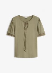 Tunika T-shirtowa z koronkową tasiemką. Niebieskie tuniki damskie bonprix, bez wzorów, z koronki, eleganckie, bez kołnierzyka, bez ramiączek. Za 47.99 zł.