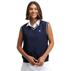 Damska wiatroszczelna kamizelka golfowa Siroko Grace Navy. Niebieskie kurtki damskie SIROKO, bez wzorów, bez kaptura, na golfa. Za 211.00 zł.