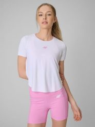 4F Koszulka treningowa regular szybkoschnąca damska - biała XL. Białe koszulki sportowe damskie 4f, xl, bez wzorów, ze skóry, bez kołnierzyka, bez ramiączek, na fitness i siłownię. Za 129.99 zł.