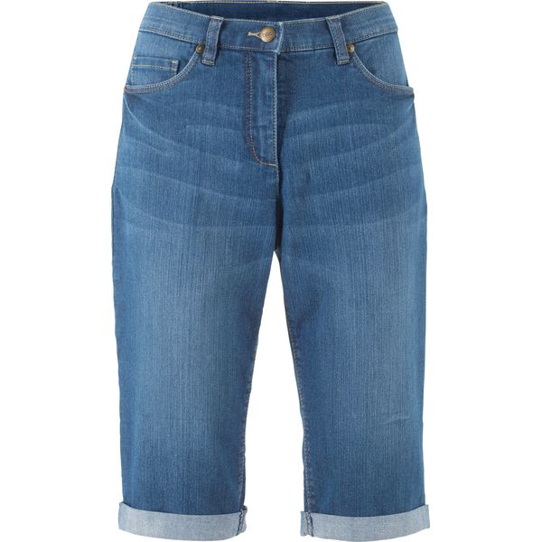 Bermudy dżinsowe ze stretchem i wygodnym paskiem. Niebieskie szorty damskie bonprix, bez wzorów, z jeansu. Za 124.99 zł.