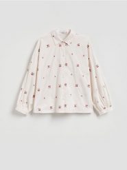 Bawełniana koszula z haftem - beżowy. Brązowe koszule damskie Reserved, l, bez wzorów, z bawełny, bez kołnierzyka, bez ramiączek. Za 139.99 zł.