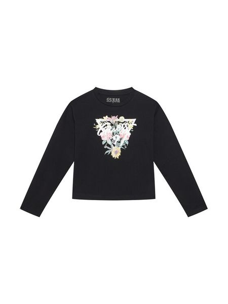 Guess Bluzka J5YI36 K6YW4 Czarny Regular Fit. Czarne bluzki dla dziewczynek Guess, z aplikacjami, bez ramiączek. Za 119.99 zł.