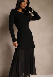 Czarna Sukienka Longsleeve z Wiskozą o Dopasowanym Kroju z Plisami Zeniea. Czarne sukienki damskie Renee, do pracy, m, bez wzorów, z wiskozy, biznesowe, bez kołnierzyka, bez ramiączek, maxi, dopasowane. Za 179.99 zł.