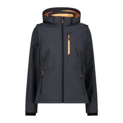 Damska wodoodporna kurtka zapinana na zamek CMP. Szare kurtki sportowe damskie CMP, bez wzorów, z softshellu, bez kaptura, trekkingowe. W wyprzedaży za 447.65 zł.