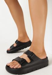 Czarne Klapki z Paskami ze Sprzączkami na Platformie Avalona. Czarne klapki damskie Born2be, bez wzorów, eleganckie, bez obcasa, na platformie. Za 49.99 zł.
