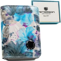 Portfel damski z roślinnym wzorem wykonany ze skóry ekologicznej i naturalnej PTN PX33-1-NPK Peterson. Niebieskie portfele damskie Peterson, bez wzorów, ze skóry ekologicznej. Za 84.99 zł.