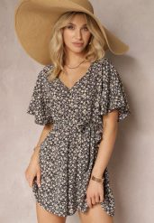 Czarno-Beżowy Taliowany Kombinezon z Materiałowym Paskiem i Gumką w Pasie Wykończony Guzikiem z Tyłu Penilla. Czarne sukienki damskie Renee, do pracy, l, z aplikacjami, z materiału, biznesowe, bez kołnierzyka, bez ramiączek, dopasowane. Za 44.99 zł.