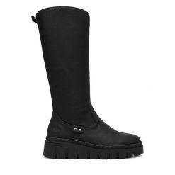 Kozaki Rieker. Czarne kozaki damskie Rieker, bez obcasa, na koturnie. Za 429.99 zł.