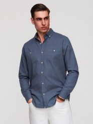 Męska koszula lniana z klasycznym kołnierzykiem i kieszeniami REGULAR FIT – niebieska V4. Niebieskie koszule męskie Ombre Clothing, na lato, l, z aplikacjami, z bawełny, biznesowe, bez kołnierzyka, bez ramiączek. Za 229.99 zł.