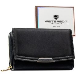 Portfel damski ze skóry ekologicznej w czarnym kolorze wyposażony w system RFID - Peterson. Czarne portfele damskie Peterson, bez wzorów, ze skóry ekologicznej. Za 94.99 zł.