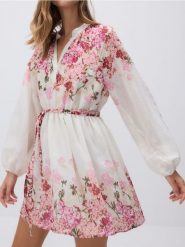 Wzorzysta sukienka mini - wielobarwny. Sukienki damskie Reserved, l, bez wzorów, z tkaniny, bez kołnierzyka, bez ramiączek, mini, rozkloszowane. W wyprzedaży za 119.99 zł.