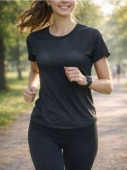 Jednolita koszulka z krókim rękawem - czarny. Czarne koszulki sportowe damskie Sinsay, l, bez wzorów, bez kołnierzyka, bez ramiączek. Za 25.99 zł.