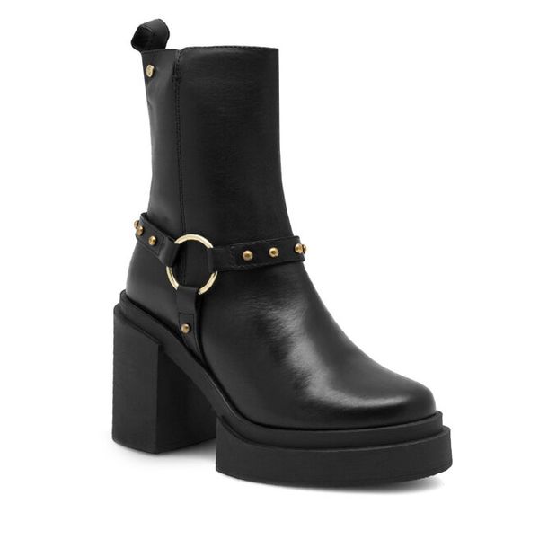 Botki Eva Minge. Czarne botki damskie Eva Minge, bez obcasa, na słupku, bez zapięcia. Za 399.99 zł.