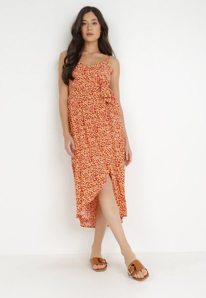 Czerwono-Żółta Sukienka z Wiskozy Kalleia. Czerwone sukienki damskie Born2be, m, bez wzorów, z wiskozy, klasyczne, bez kołnierzyka, bez ramiączek, midi, kopertowe. Za 89.99 zł.