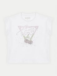 Guess T-Shirt J5GI01 K6YW4 Biały Regular Fit. Białe t-shirty i topy dla dziewczynek Guess, z aplikacjami, z bawełny, bez ramiączek. Za 59.99 zł.