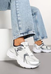Biało-Srebrne Sneakersy na Grubej Podeszwie z Cholewką z Siateczką Zollexia. Białe obuwie sportowe damskie Renee, bez wzorów, z jeansu. Za 89.99 zł.