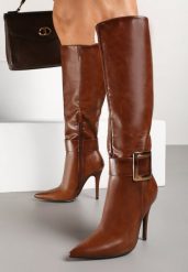 Brązowe Kozaki na Szpilce Ozdobione Klamrą Innadora. Brązowe kozaki damskie Born2be, z jeansu, bez obcasa, na obcasie. Za 179.99 zł.