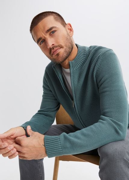 Bawełniany kardigan z cienkiej dzianiny. Zielone kardigany męskie bonprix, l, bez wzorów, z bawełny. Za 129.99 zł.