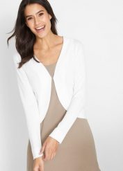 Krótki sweter rozpinany z lejącą wiskozą. Białe kardigany damskie bonprix, bez wzorów, z wiskozy, eleganckie. Za 82.99 zł.